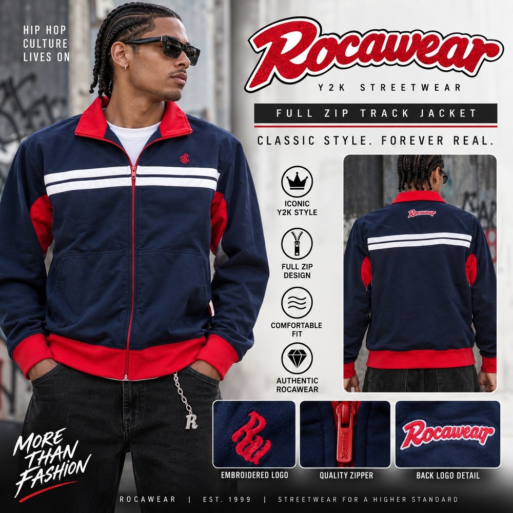 VTG Y2K Rocawear Men L Navy Red White Full Zip Track Jacket Hip Hop Streetwear